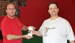 Mike Mitchell awards Gutshot Beer Stein to Will hunter